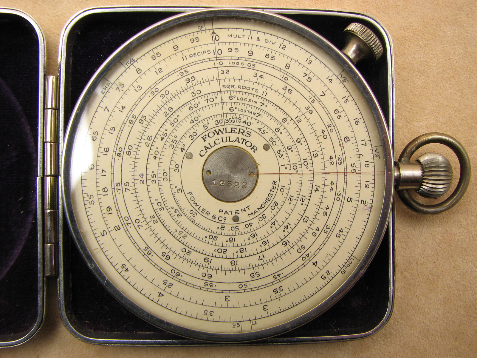 1930's Fowler's double sided Long scale pocket calculator in nickel case